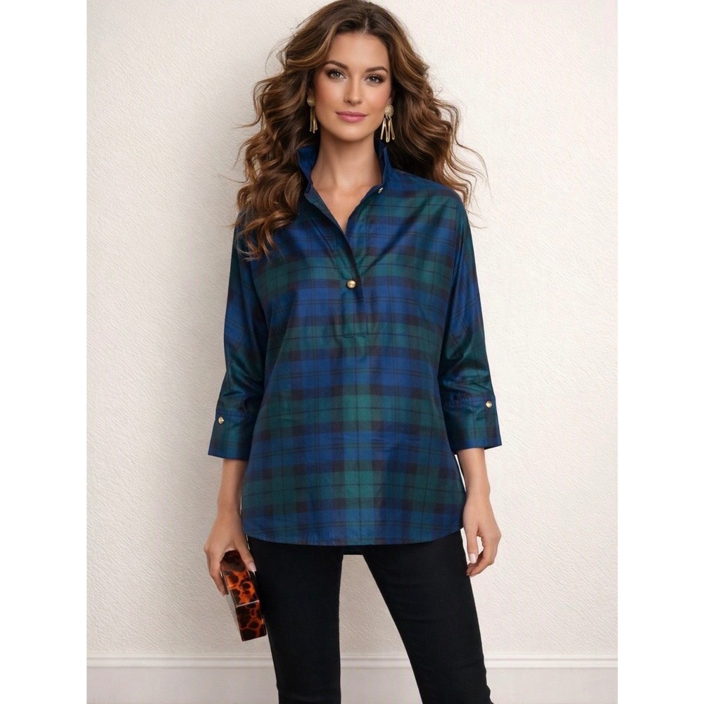 Tuckernuck Celine Top Blackwatch Plaid French Cuff Blouse XXS NEW